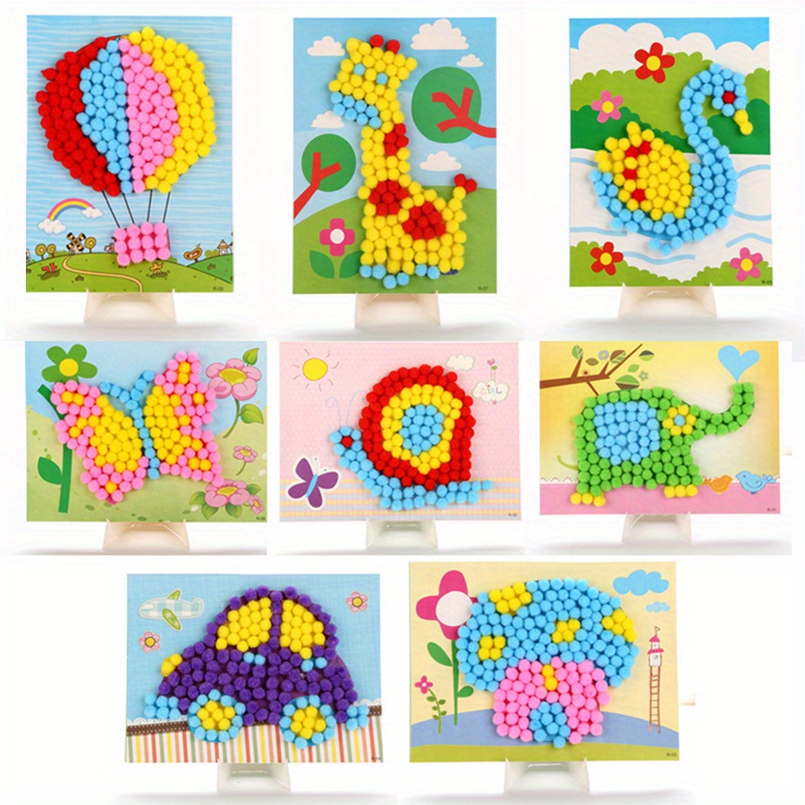 Art Craft Handmade - 2pcs 16x21 ซม.สีสัน Pom-Pom ภาพวาดการขนส่งสัตว์ DIY