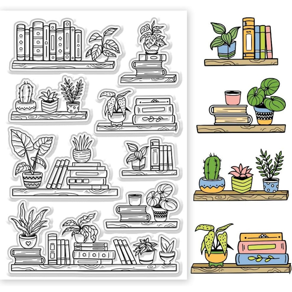 Rubber Stamp Blank - Potted Bookshelf ล้างแสตมป์หนังสือและพืชลายนูนแสตมป์ซิลิโคนล้างแสตมป์ Seal สําหรับ DIY