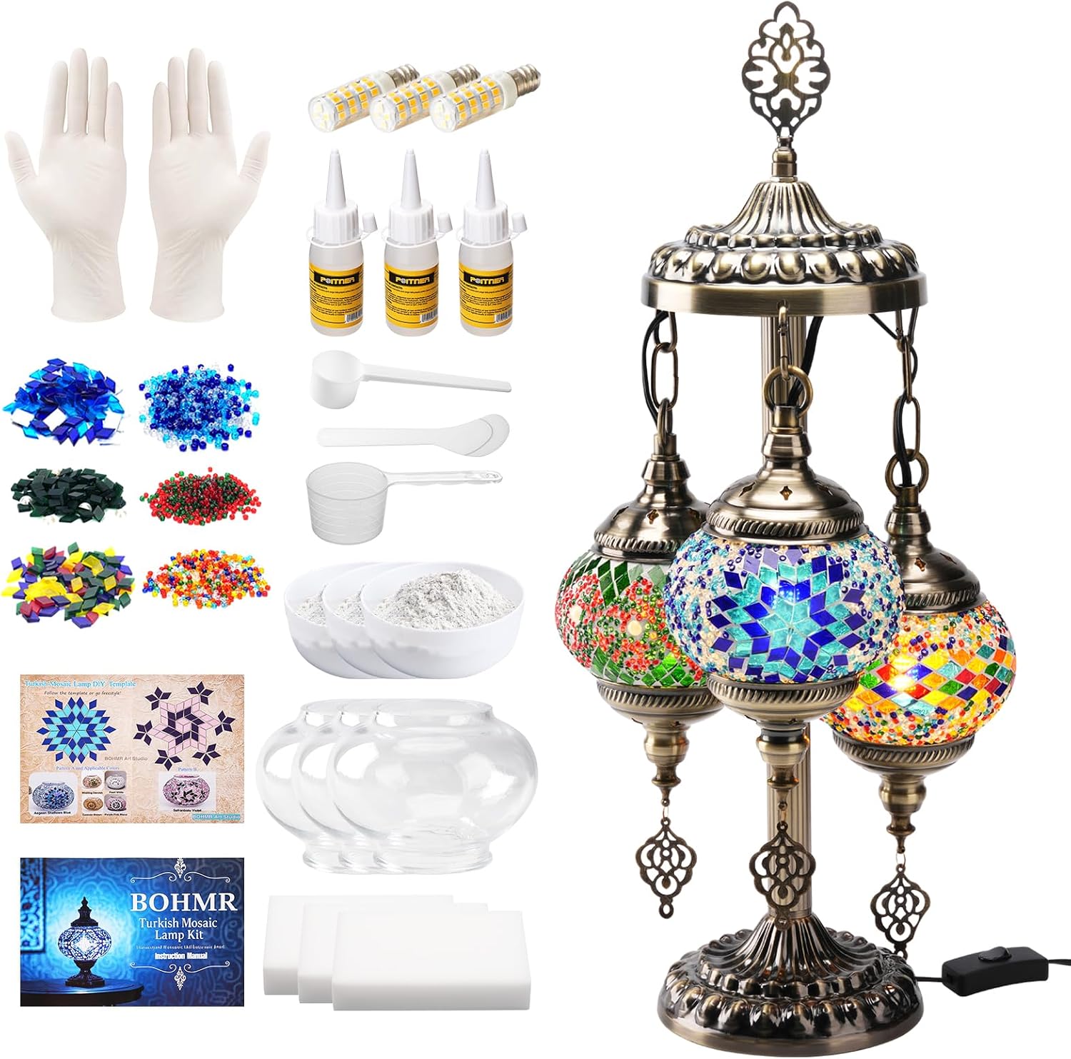 Art Craft Us - ชุดทำโคมไฟโมเสคแบบตุรกี 3 ทรงกลม DIY, ชุดทำโคมไฟตั้งโต๊ะกระจกสีสูง 23