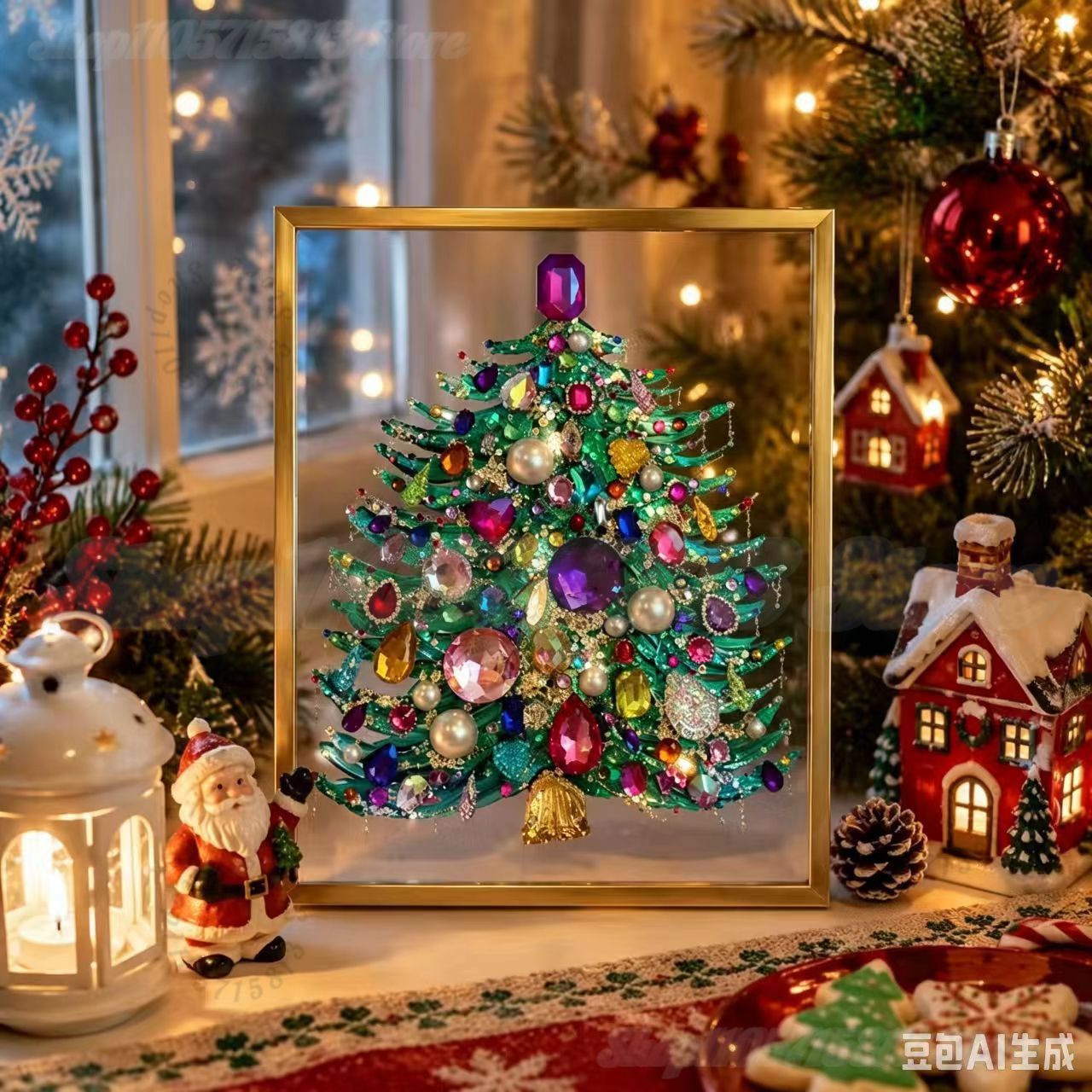 Art And Craft Xmas Tree - ชุดงานฝีมือตกแต่งต้นคริสต์มาสด้วยอัญมณี DIY พร้อมกรอบ ภาพวาดไข่มุก ของตกแต่งบ้านช่วงคริสต์มาส ของขวัญคริสต์มาสสำหรับงานฝีมือ