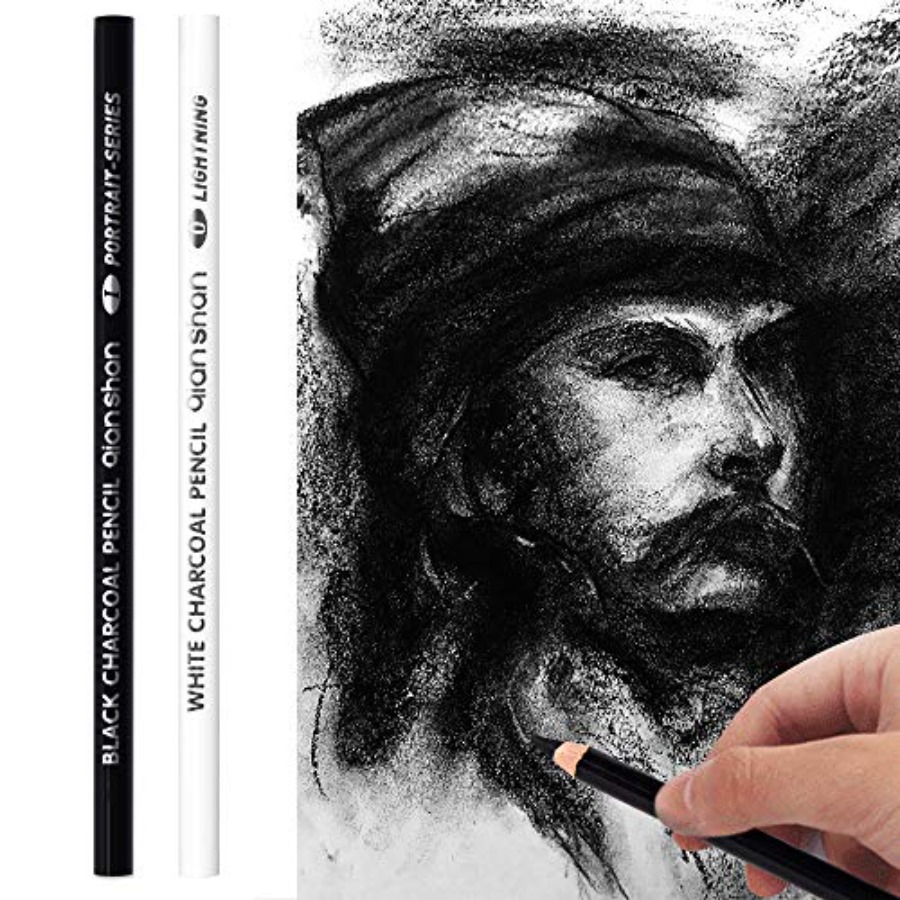 Colored Pencil Professional - ดินสอถ่านสีดำขาว 2 แท่ง, ดินสอถ่านไม้คุณภาพสูงสำหรับวาดภาพและไฮไลท์ระดับมืออาชีพสำหรับศิลปิน
